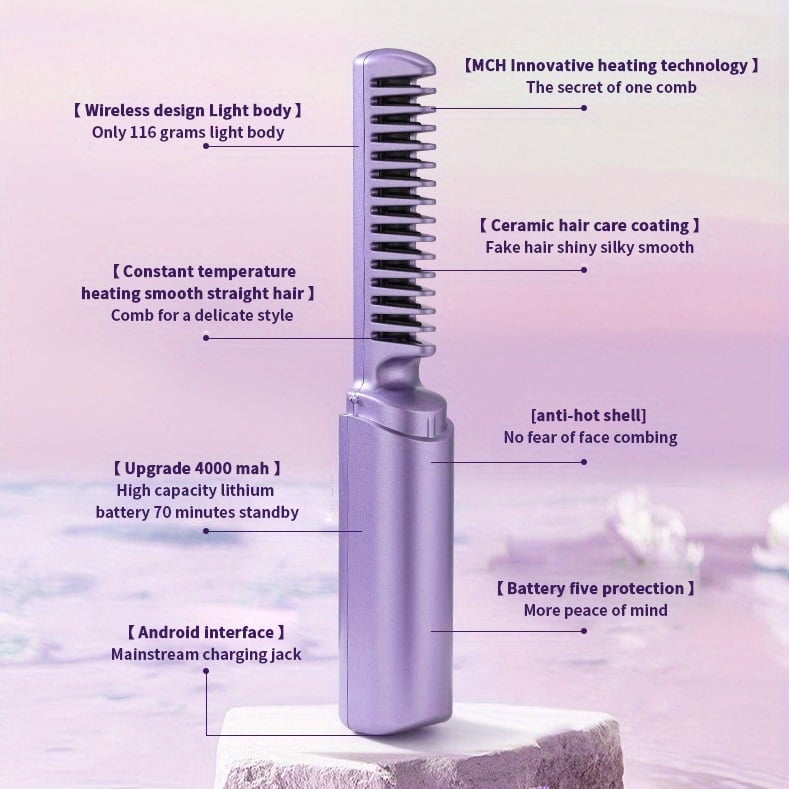 Rechargeable Cordless Hair Straightener Brush – Portable Mini Comb for Smooth & Frizz-Free Hair